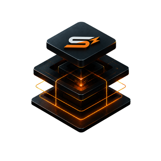Интеллектуальное ядро платформы Shoostro: слои интеграции, бизнес-логики и ИИ с оранжевым импульсом